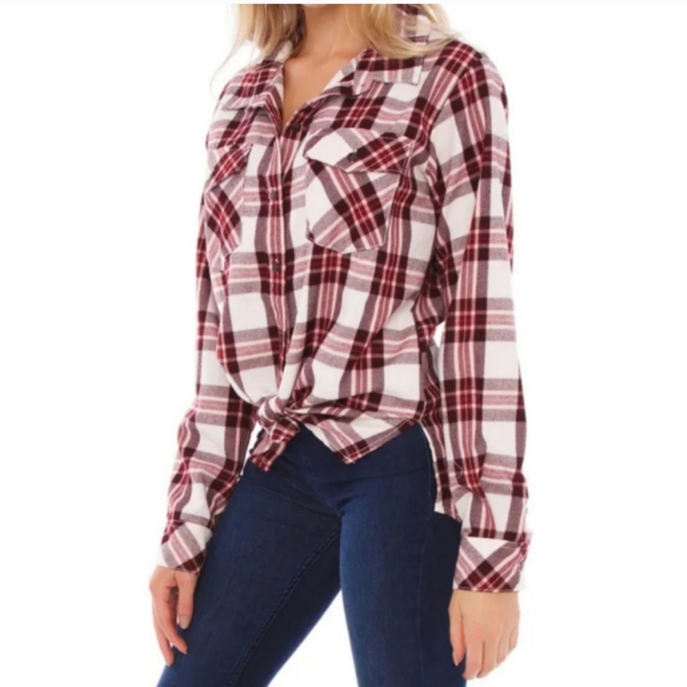 Anthropologie Red and White Plaid Button Down Shirt